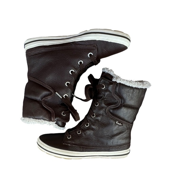 Leather Lace up Boots Sneakers High-top Size 7.5 Faux Fur Lining Keds - Picture 6 of 8
